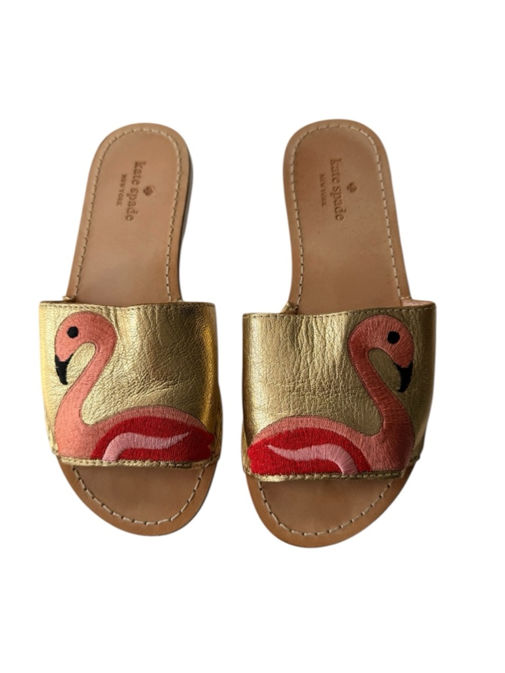 kate spade Gold Leather Flamingo Slide Sandals with Pink Accents